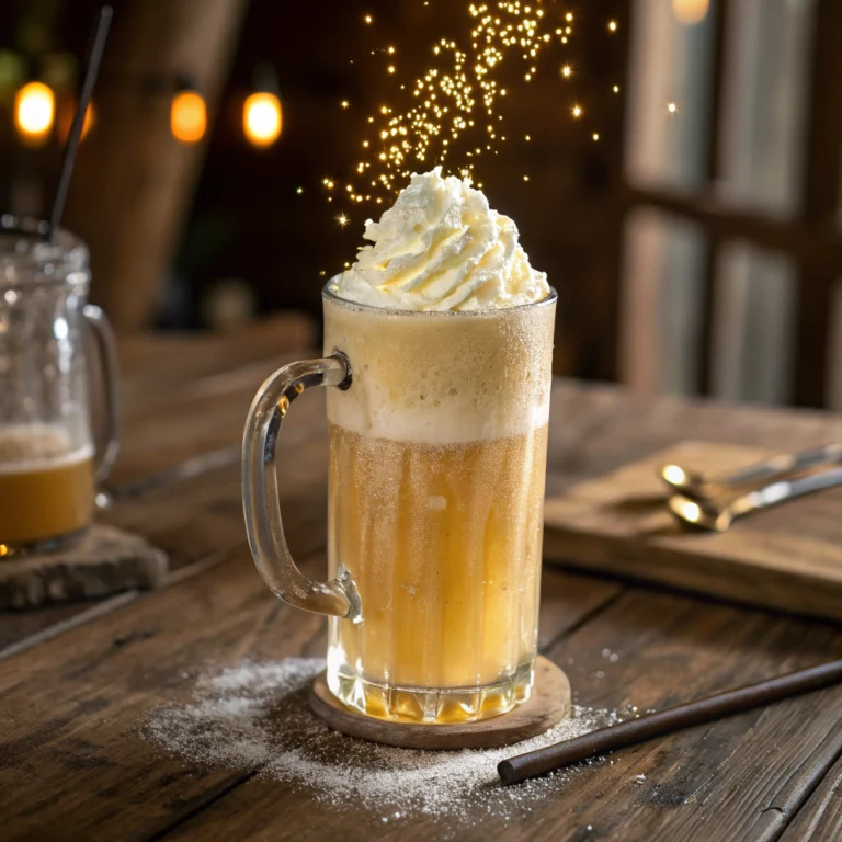 Homemade butterbeer float in glass mug with creamy foam topping