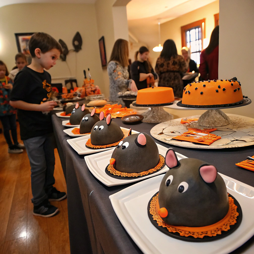 Finished rat cake recipe displayed at Halloween party with family enjoying