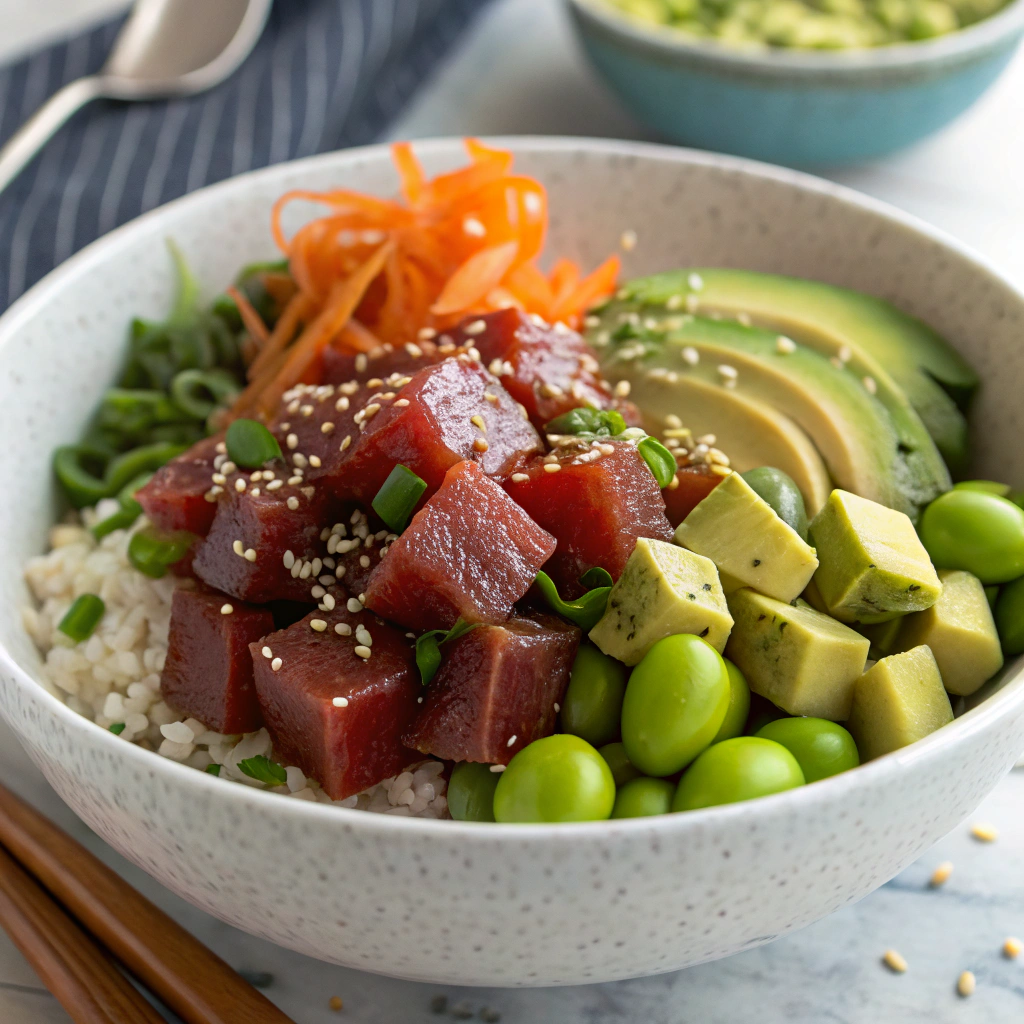 Finished ahi tuna poke bowl recipe made without searing techniques