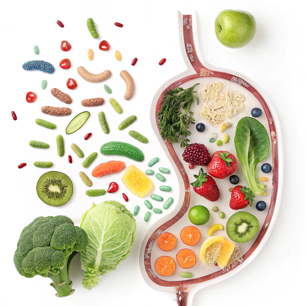 Gut microbiota weight loss illustration showing healthy bacteria and nutrition