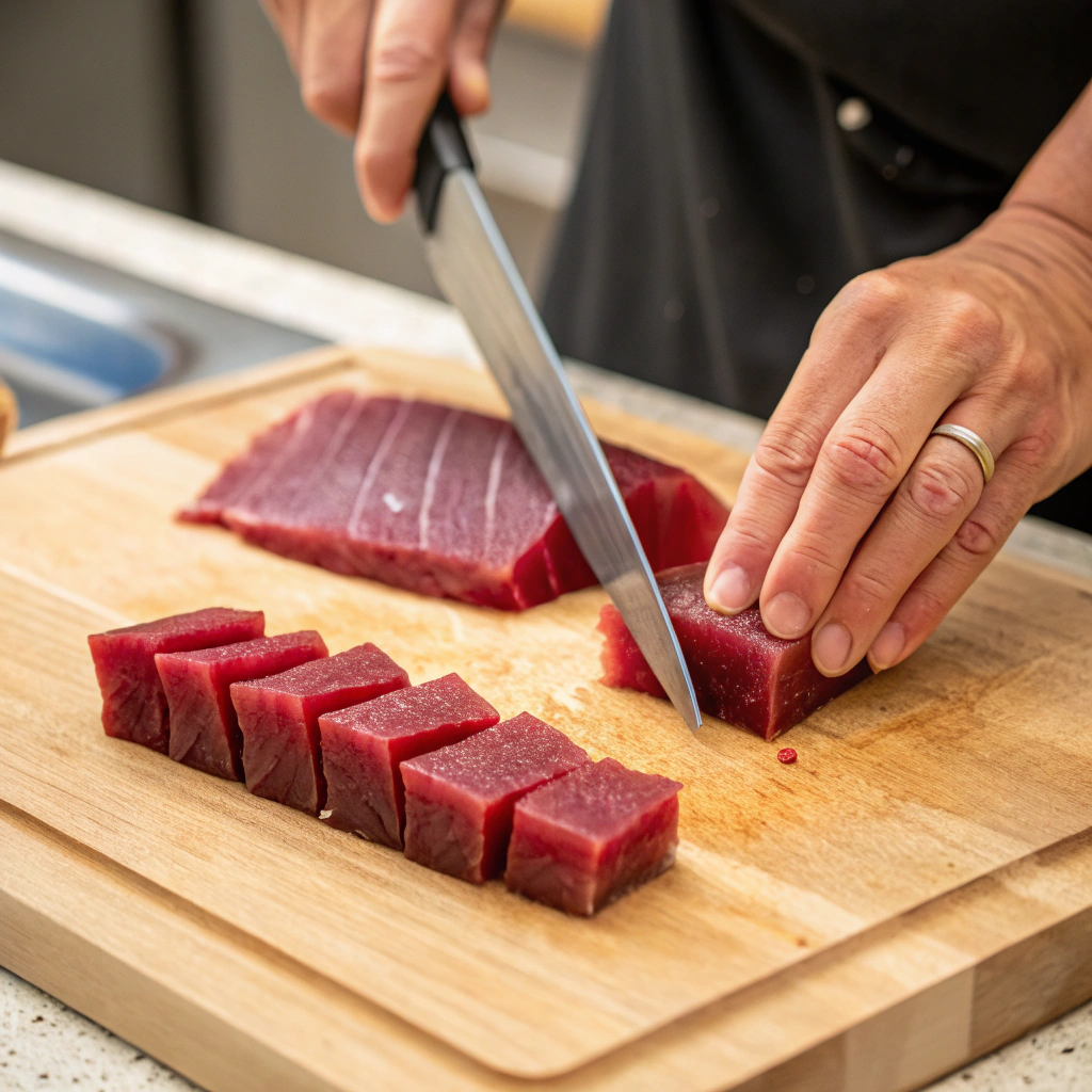 Proper knife technique for cutting ahi tuna for no-sear recipes