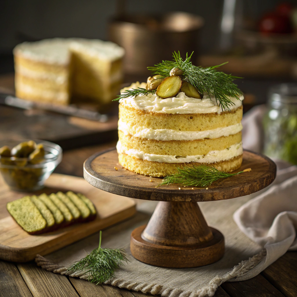 Homemade pickle cake recipe with cream cheese frosting and dill garnish