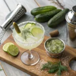 Pickle margarita recipe cocktail with salt rim and pickle garnish
