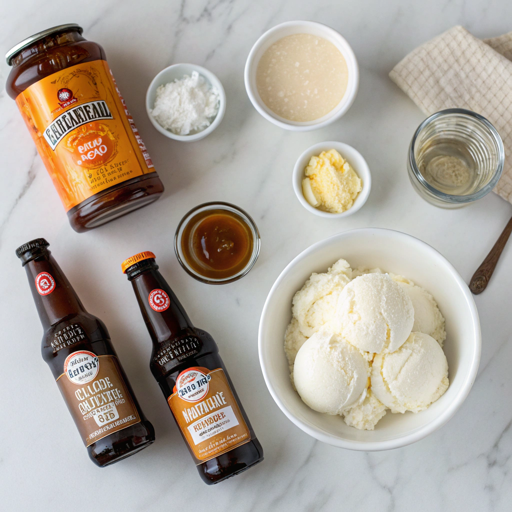 Butterbeer float ingredients arranged on kitchen counter