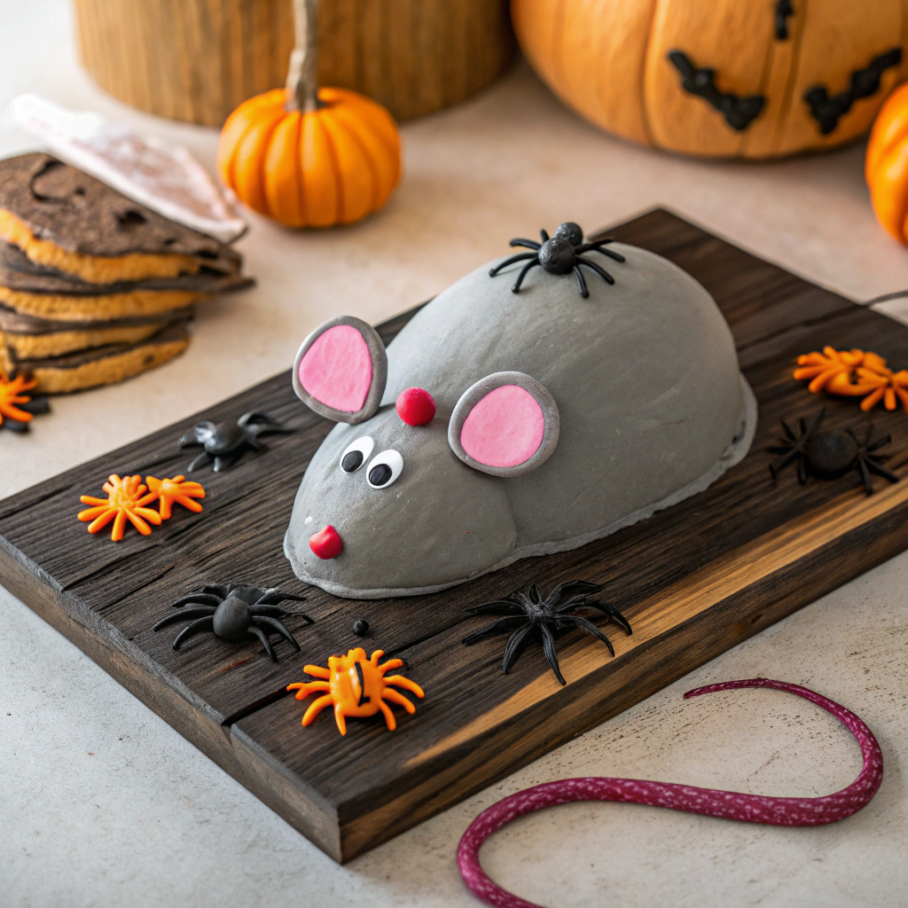 Halloween rat cake recipe result - chocolate cake decorated with gray fondant and candy features