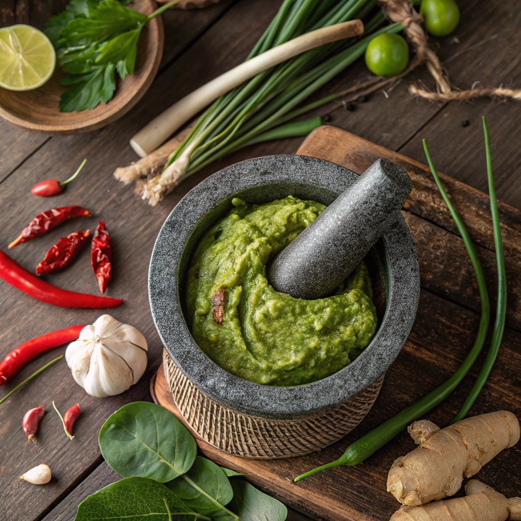 Fresh thai green curry paste in mortar with traditional ingredients