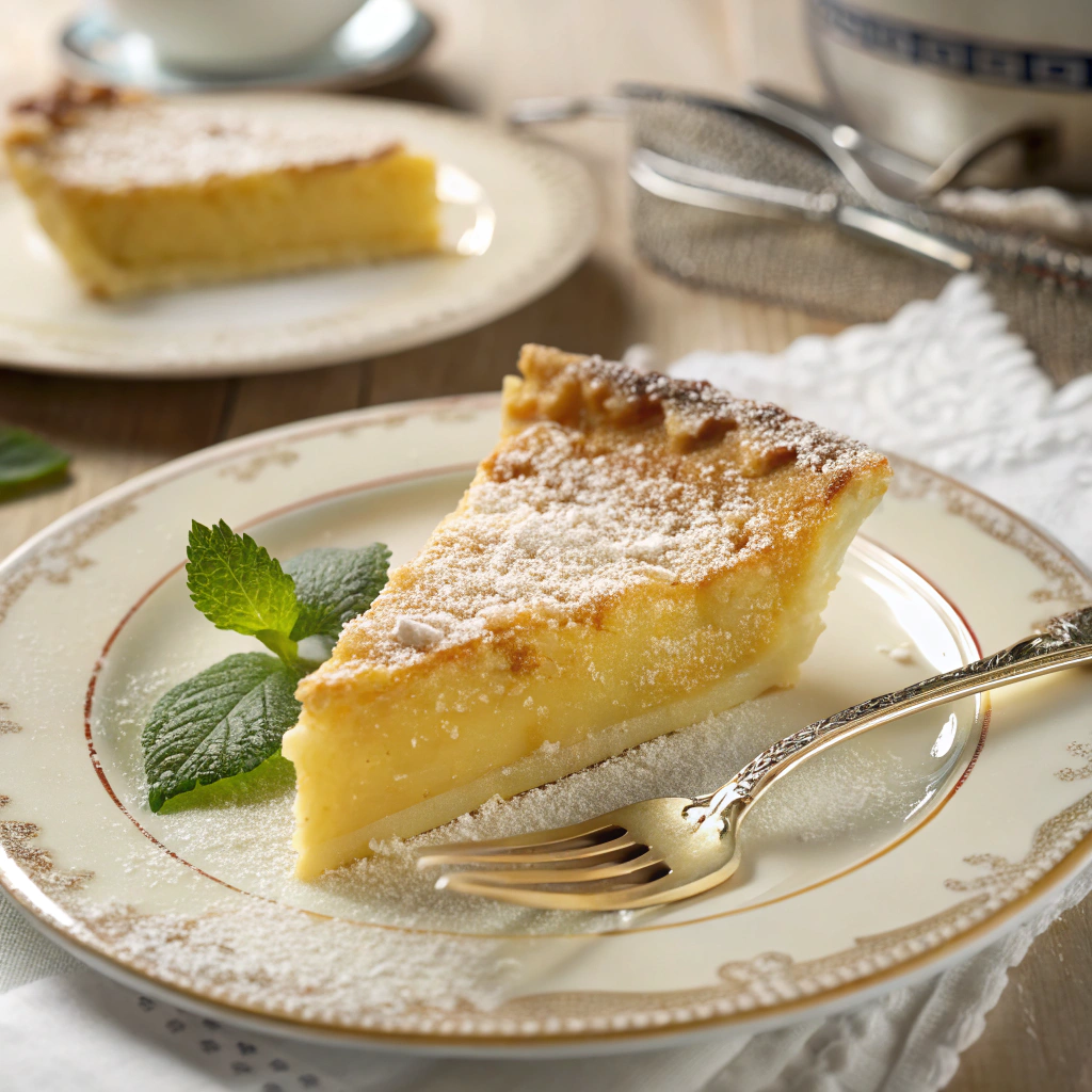 Perfectly sliced chess pie showing ideal custard texture and golden color