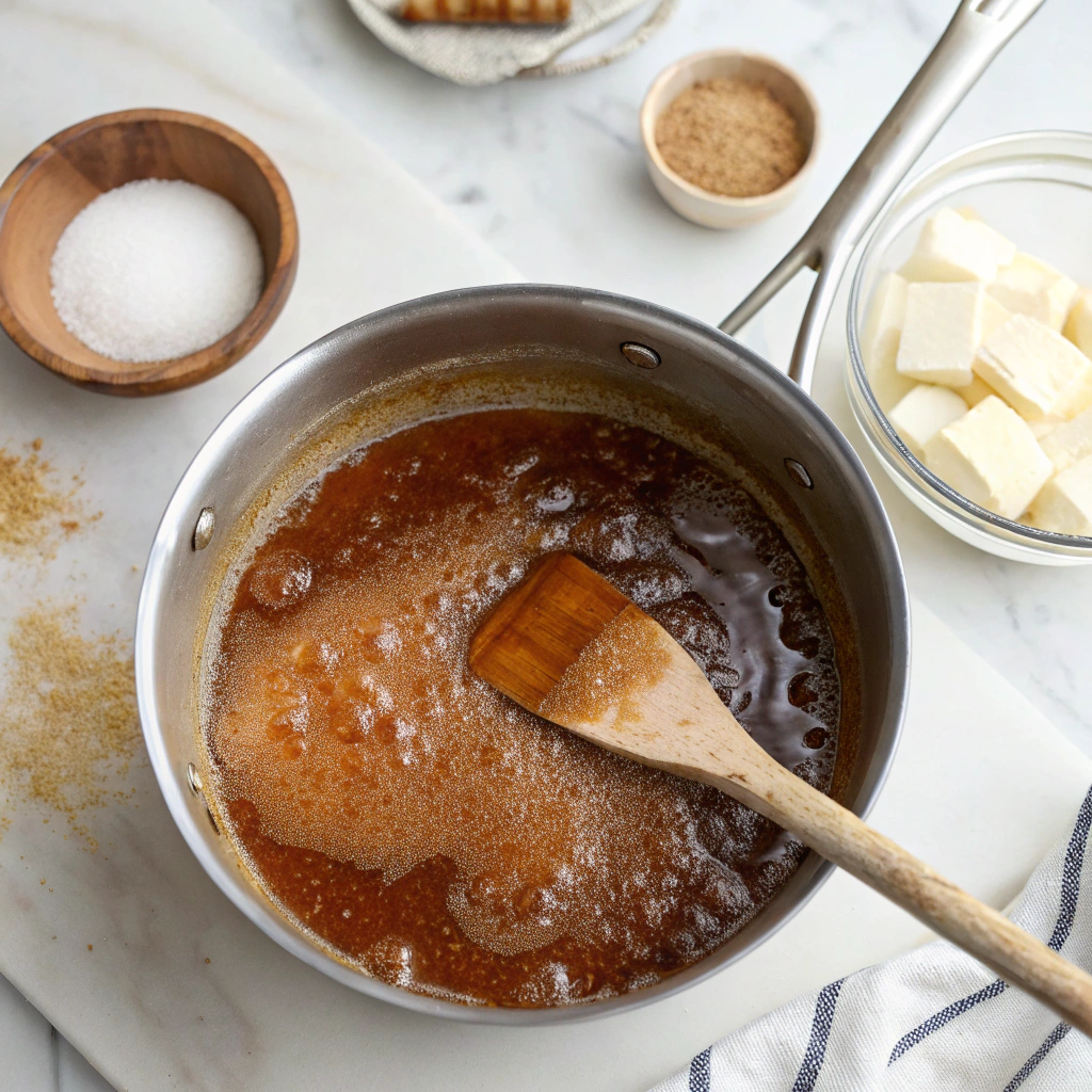 Making butterscotch budino caramel base in saucepan cooking process