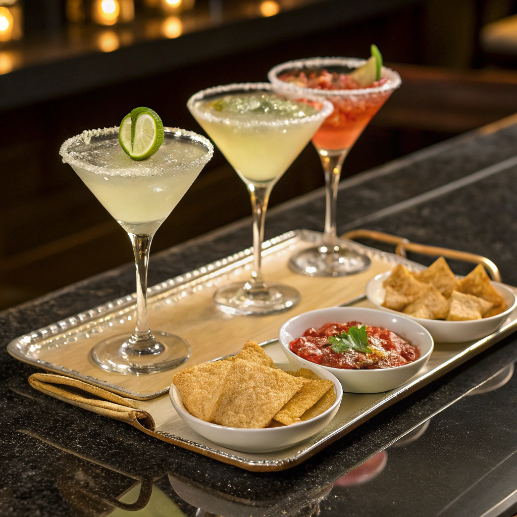 Three pickle margarita recipe variations with different garnishes