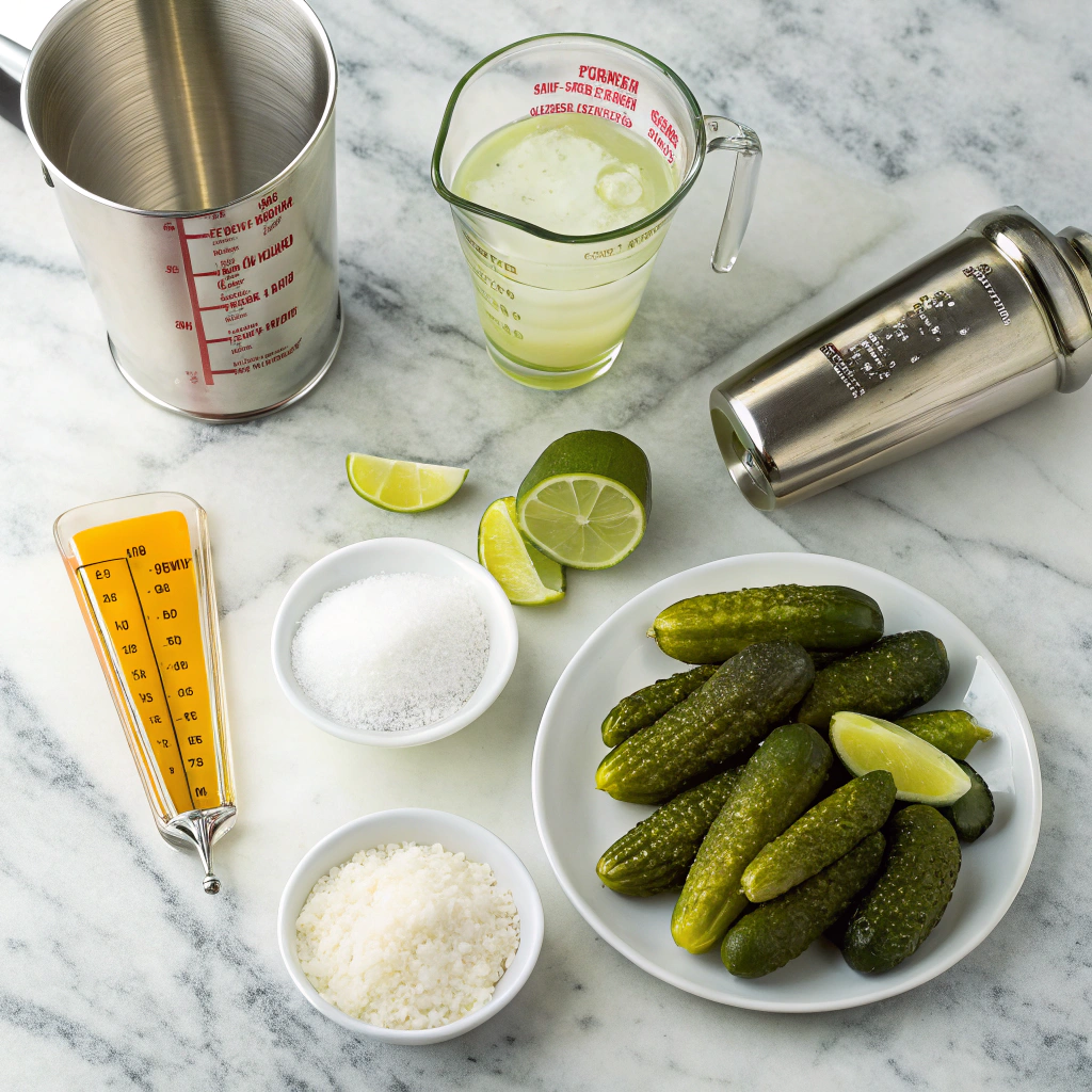Pickle margarita ingredients measured and prepared for mixing