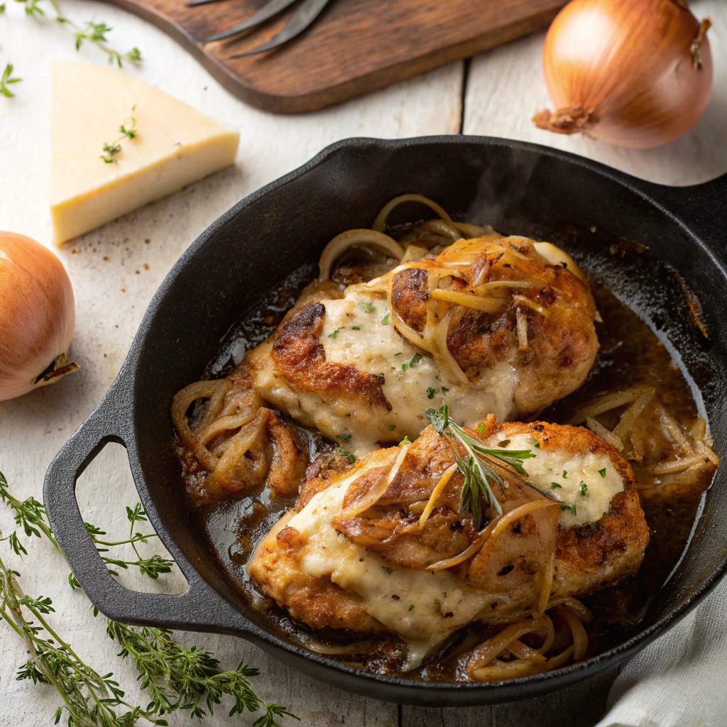 French onion chicken recipe with melted cheese and caramelized onions in skillet