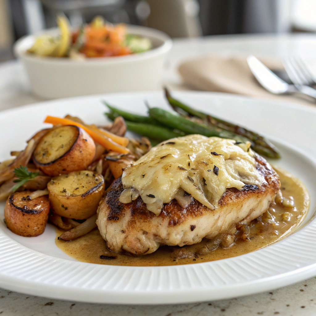 Perfectly plated French onion chicken dinner ready to serve