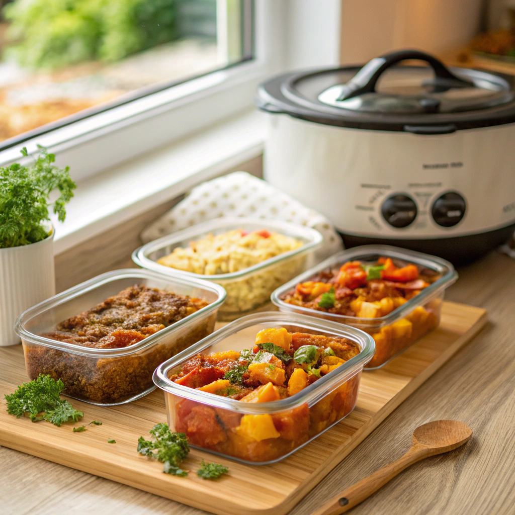 Meal prep containers with healthy crockpot recipes for weekly planning