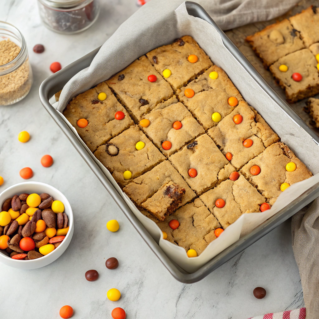 Freshly baked Reece's Pieces chocolate chip cookie bars in baking pan