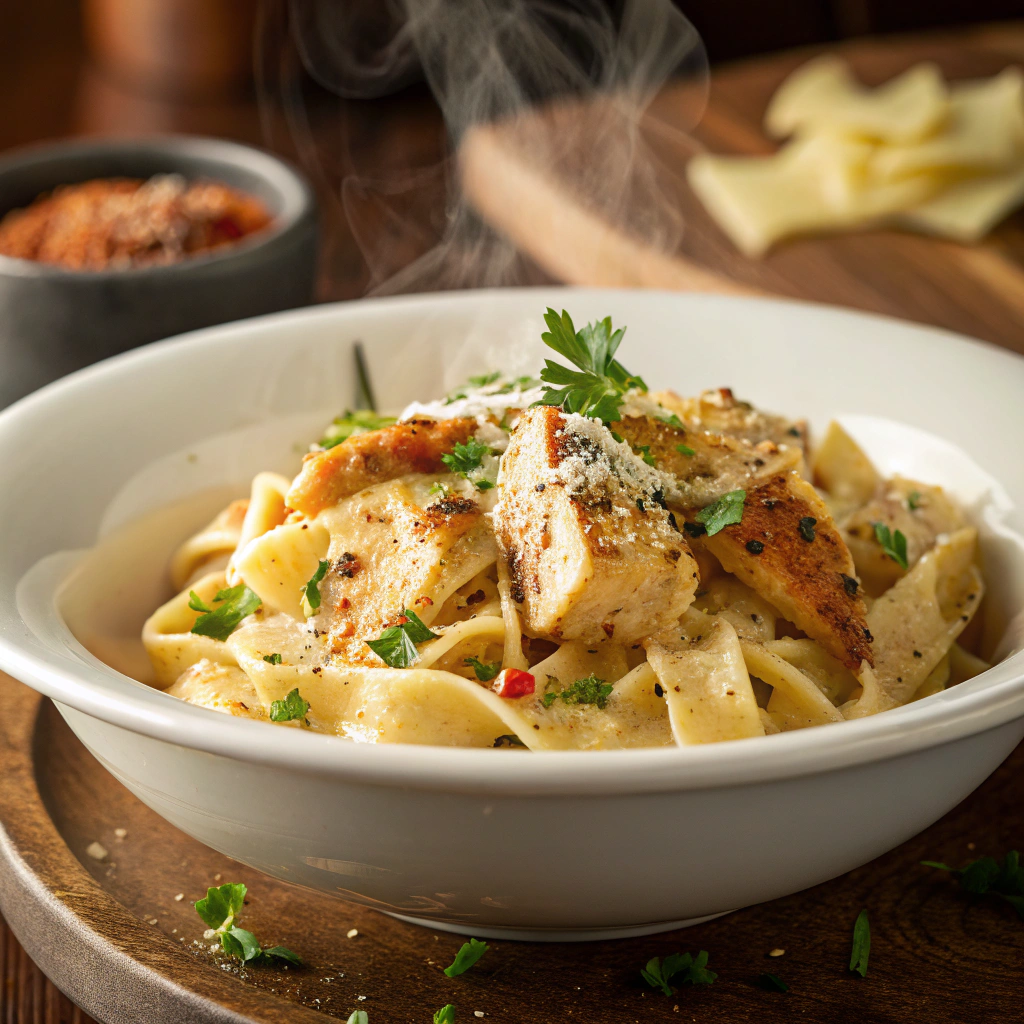 Spicy Cajun chicken bowtie pasta in cheesy Alfredo sauce served in white bowl
