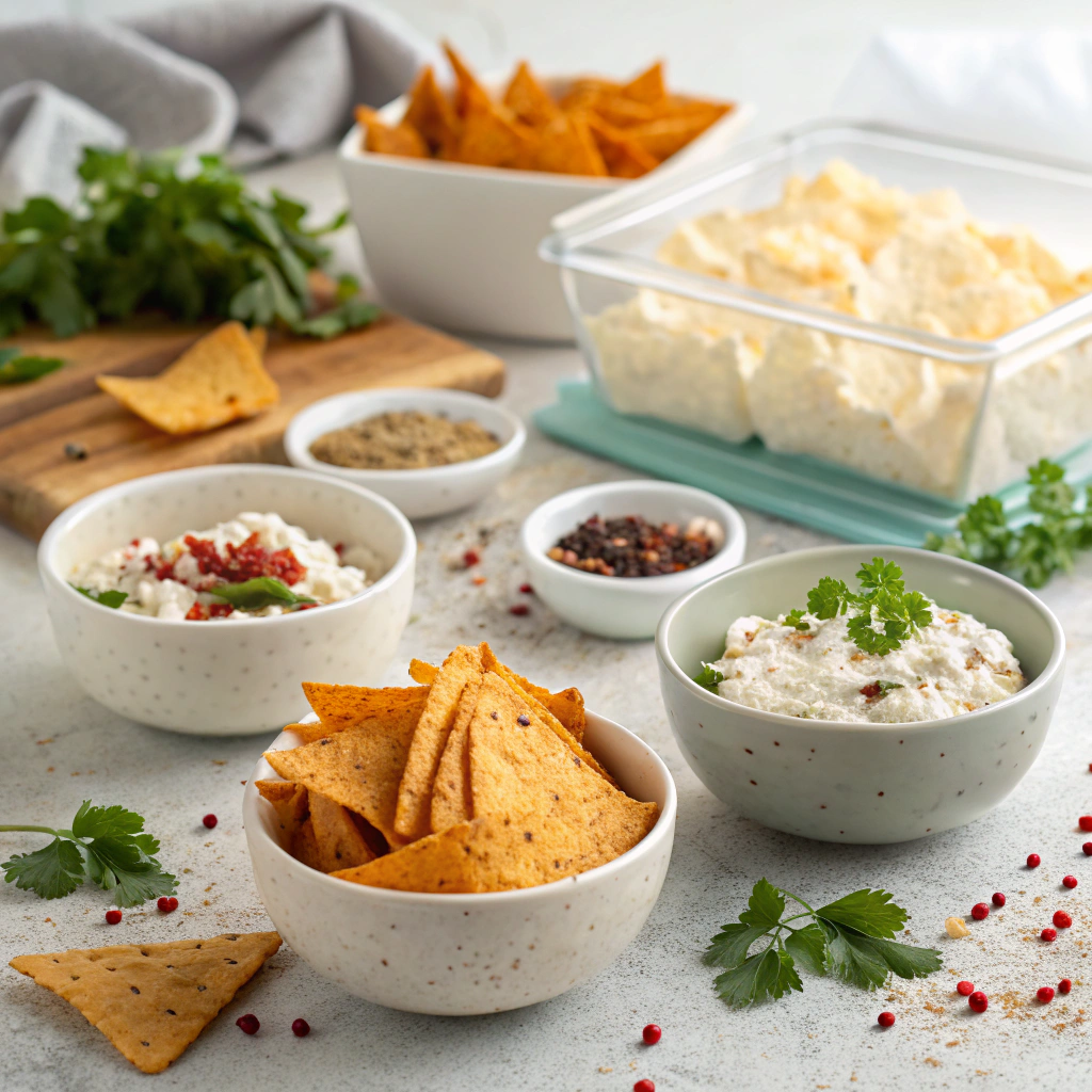 Different flavored cottage cheese chips in bowls showing recipe variations