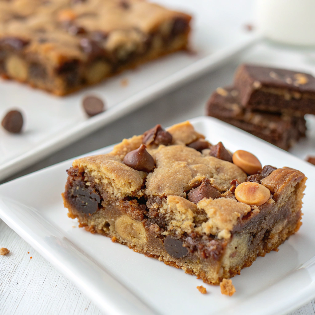 Cross-section of Reece's Pieces chocolate chip cookie bar showing texture