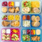 Healthy school lunch ideas for kids displayed in colorful lunch boxes