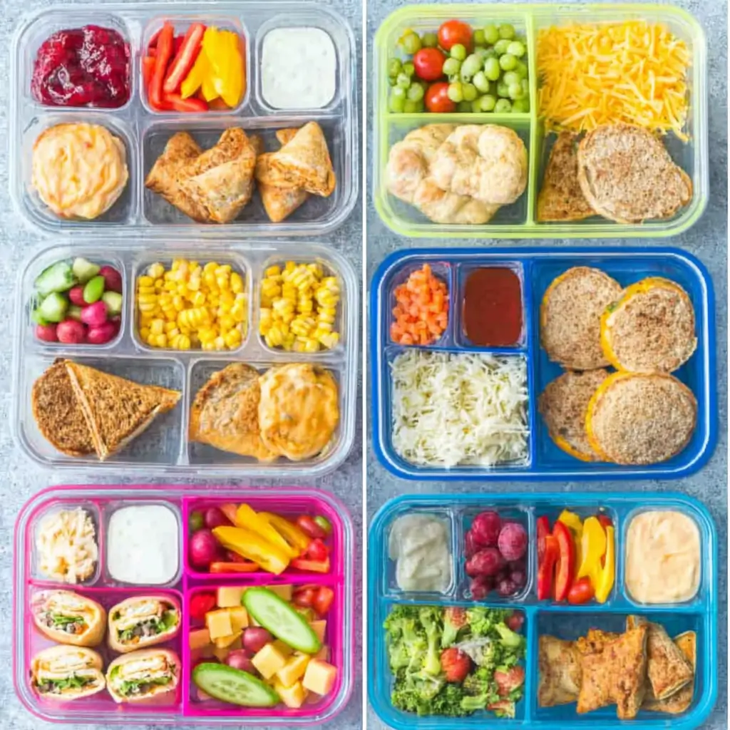 Healthy school lunch ideas for kids displayed in colorful lunch boxes