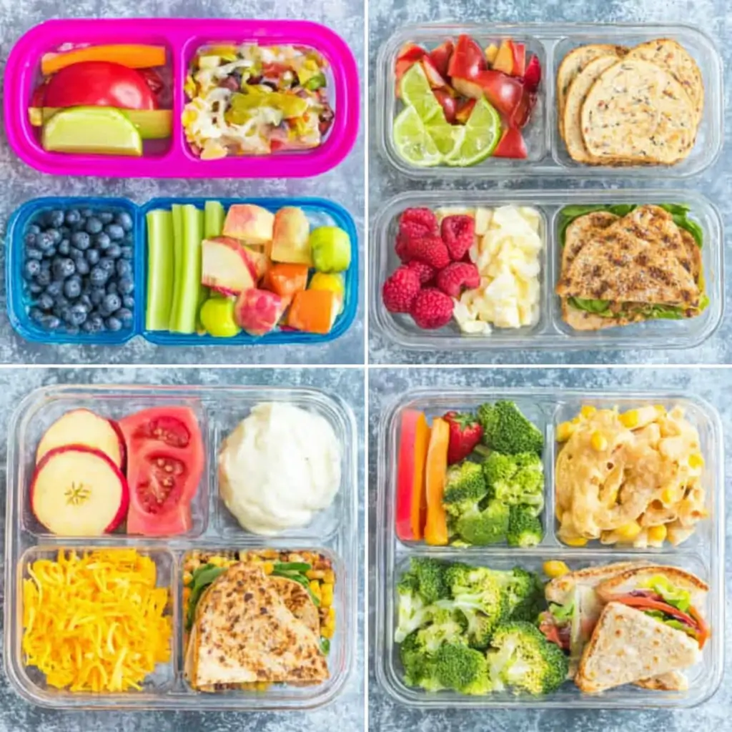 Healthy school lunch ideas for kids displayed in colorful lunch boxes