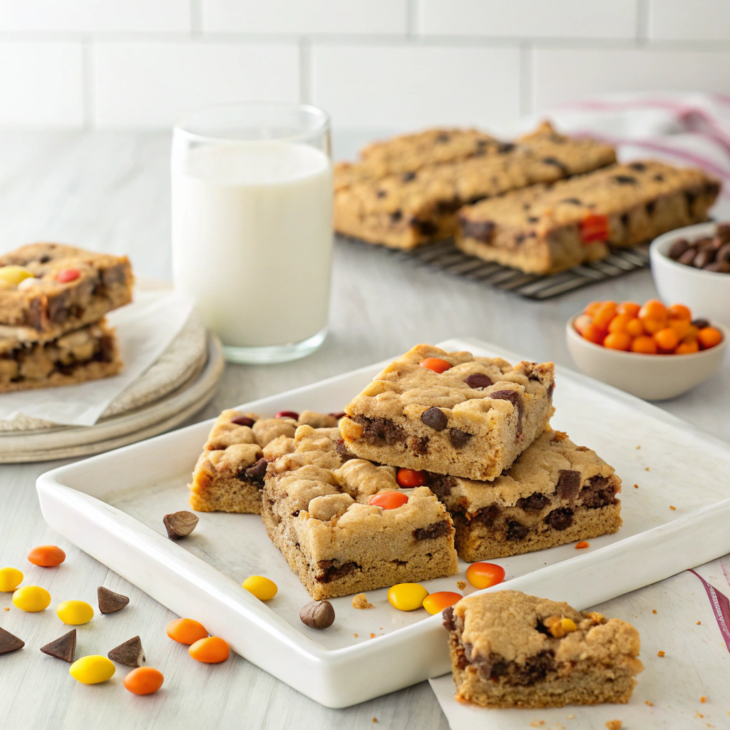 Beautifully plated Reece's Pieces chocolate chip cookie bars ready to serve