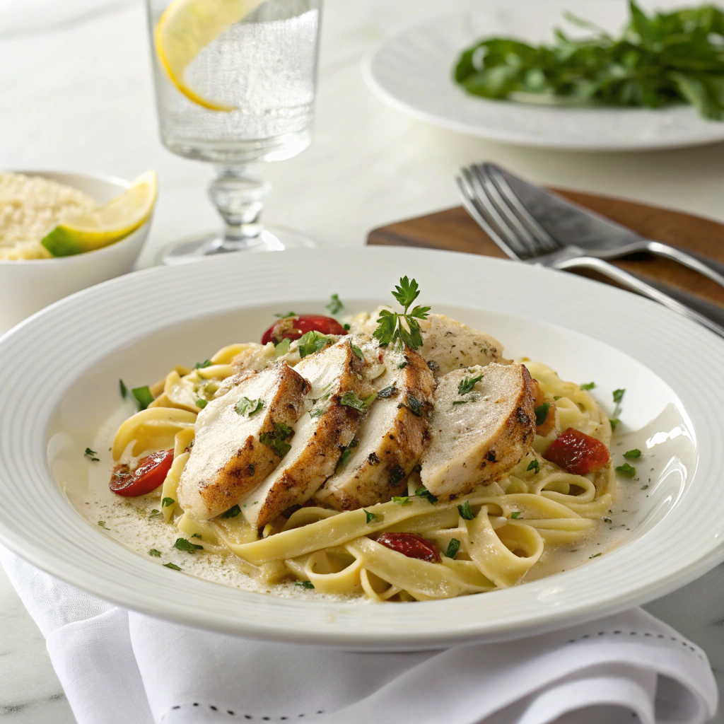 Final plated Cajun chicken bowtie pasta Alfredo recipe ready to serve