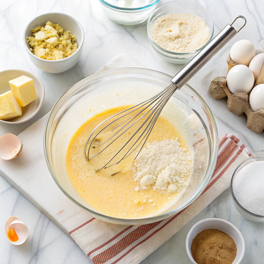 Chess pie recipe ingredients being mixed to create smooth custard filling