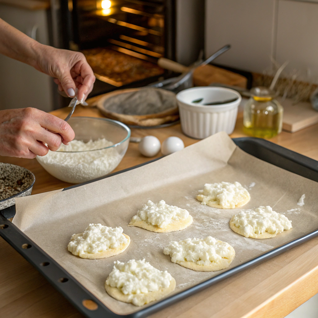 Cottage cheese spread on baking sheet ready for making crispy chips