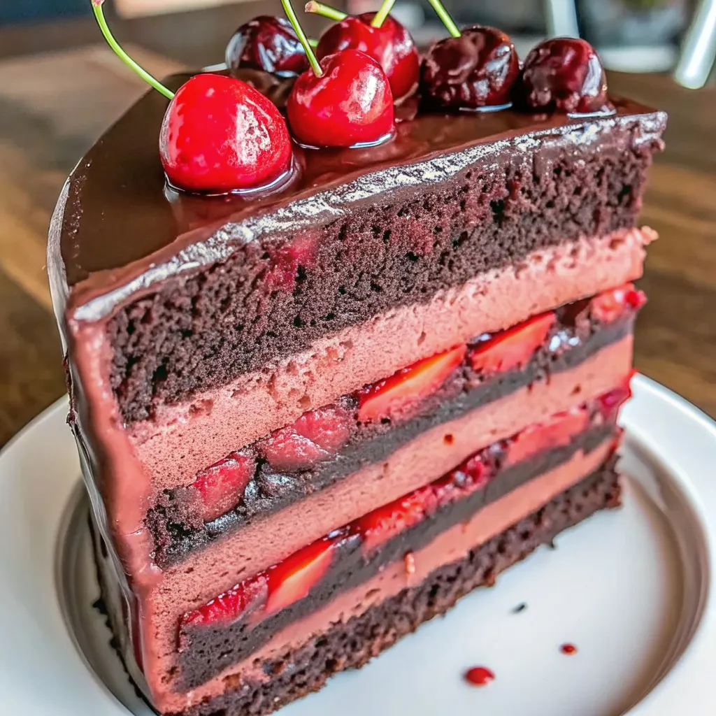Cocoa Cherry Strawberry Symphony layer cake with chocolate frosting and fresh fruit garnish