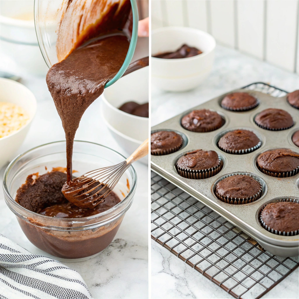 Step by step chocolate fudge cupcake baking process