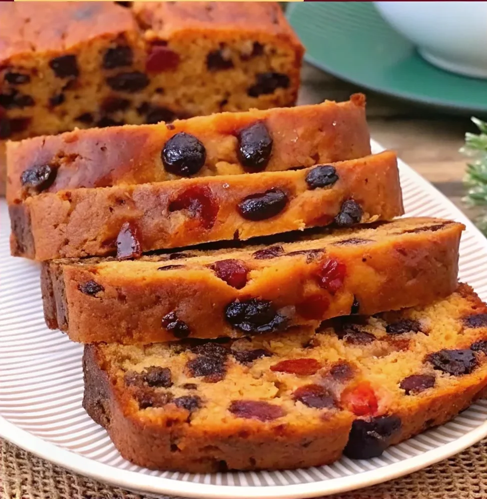 Grandma's traditional fruit cake recipe showing two golden loaves with rich fruit filling
