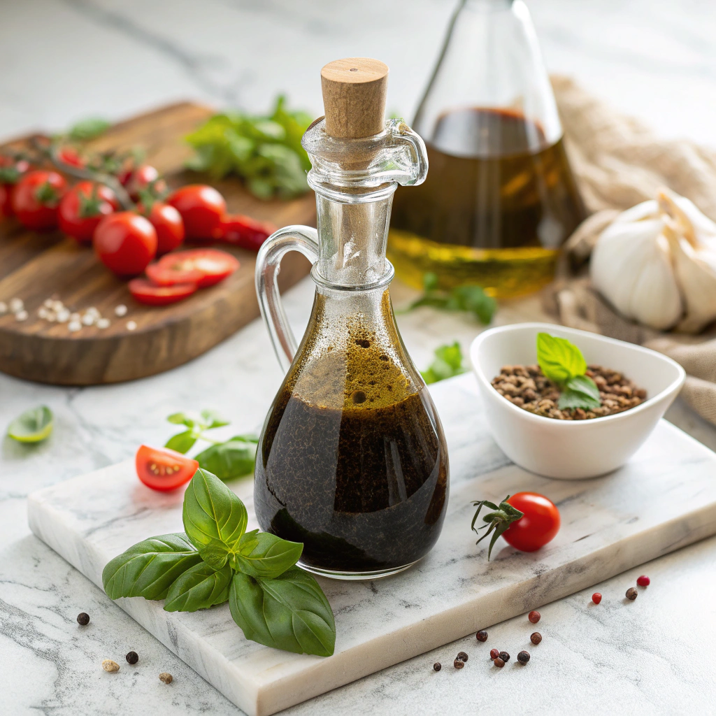 Homemade balsamic vinaigrette dressing in glass bottle with fresh ingredients