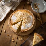 Classic British Bakewell tart with golden frangipane and flaked almonds