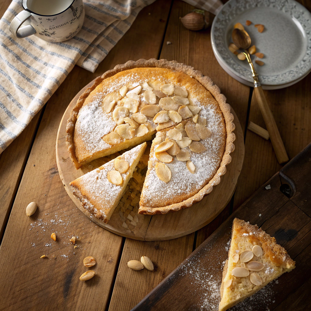 Classic British Bakewell tart with golden frangipane and flaked almonds