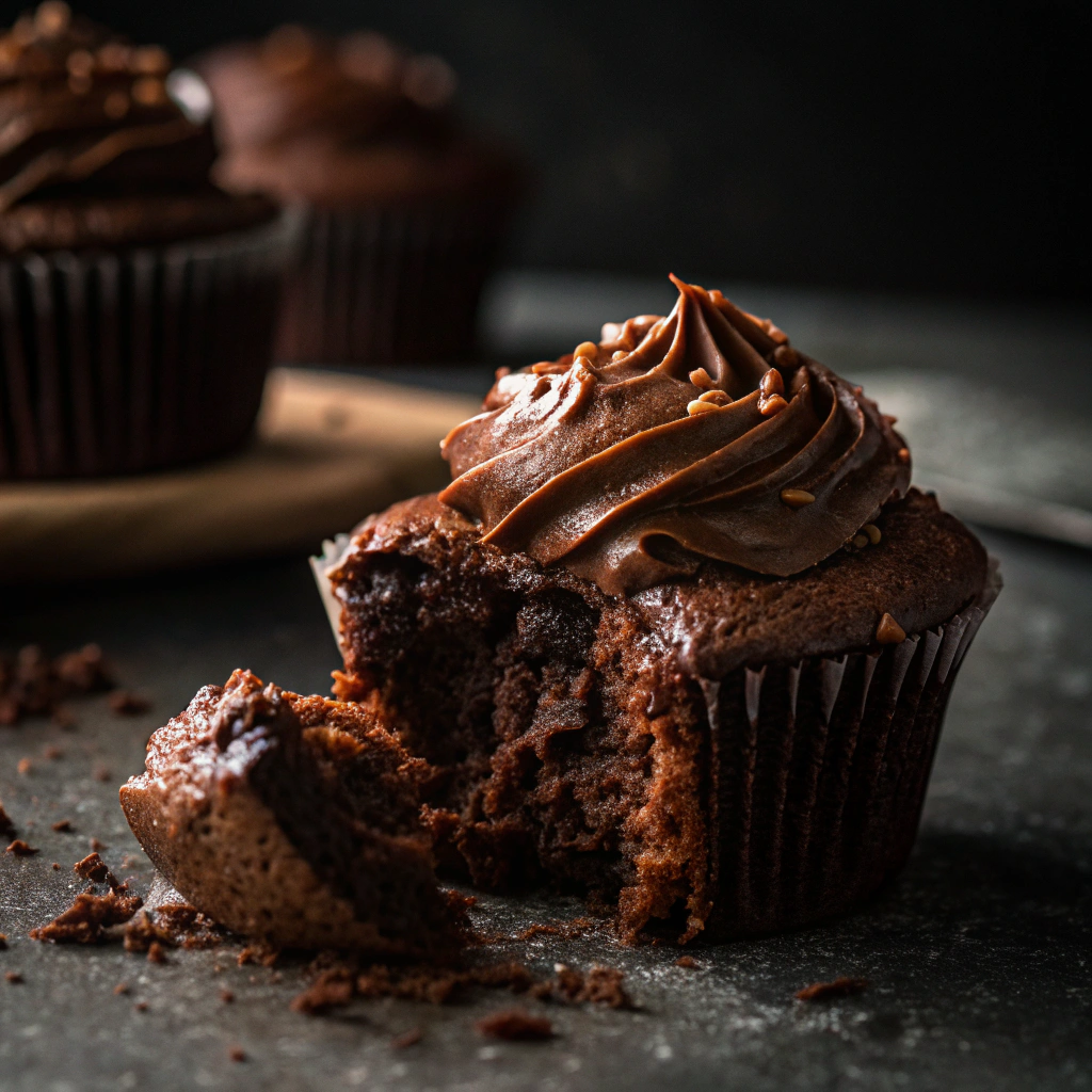 Cross section of moist chocolate fudge cupcake with ganache frosting