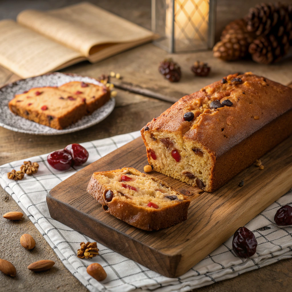 Grandma's traditional fruit cake recipe showing two golden loaves with rich fruit filling