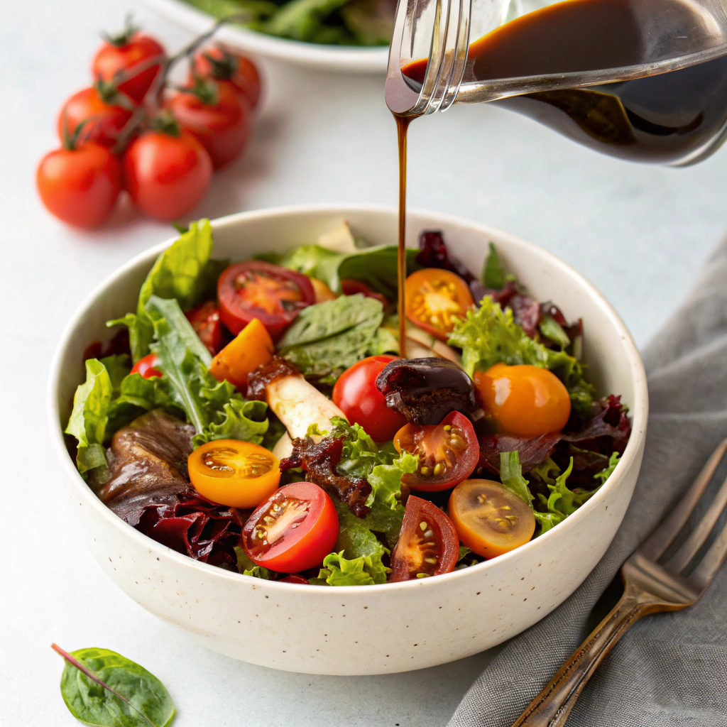 Fresh salad with homemade balsamic vinaigrette dressing being served