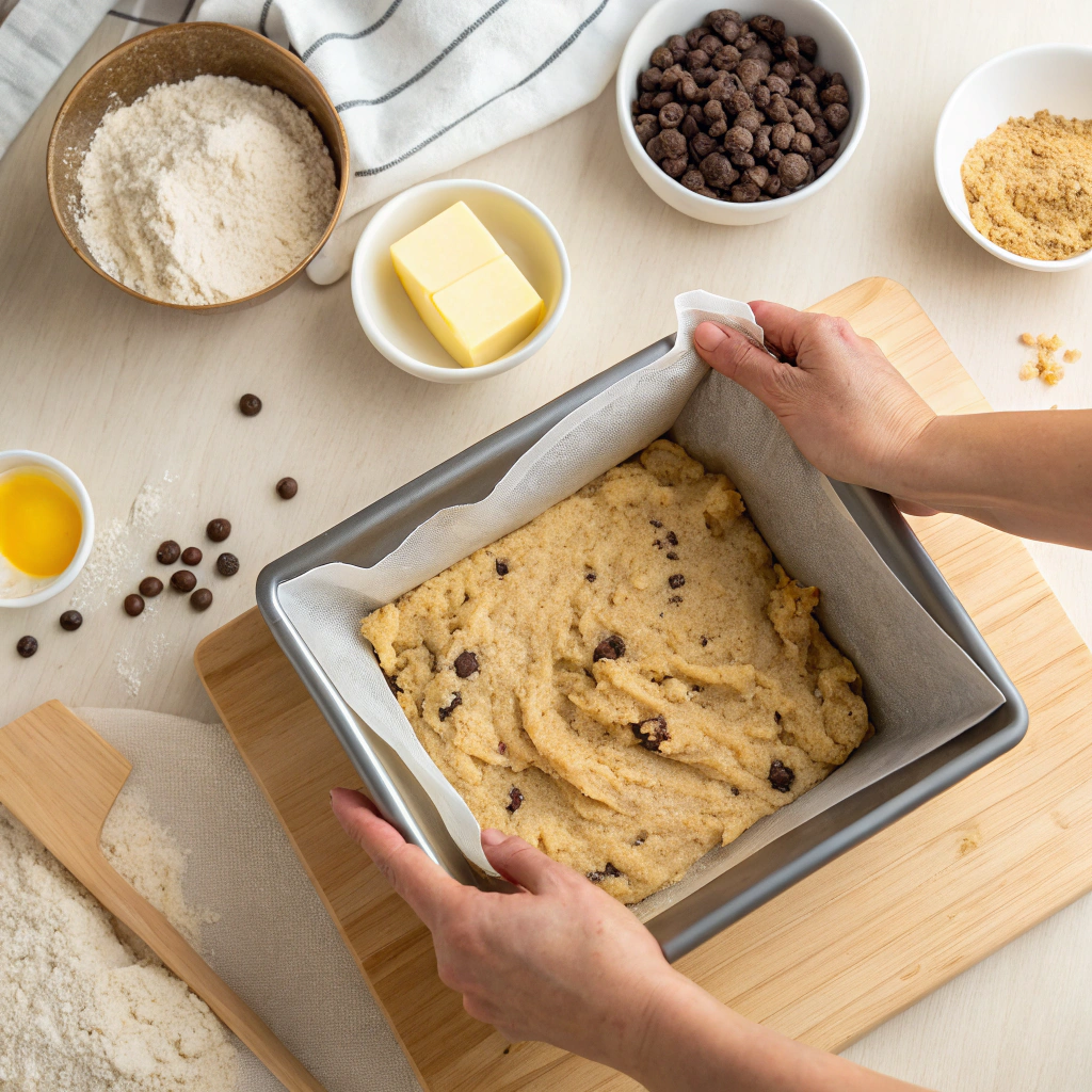 Pressing cookie dough mixture into pan for no-bake bars