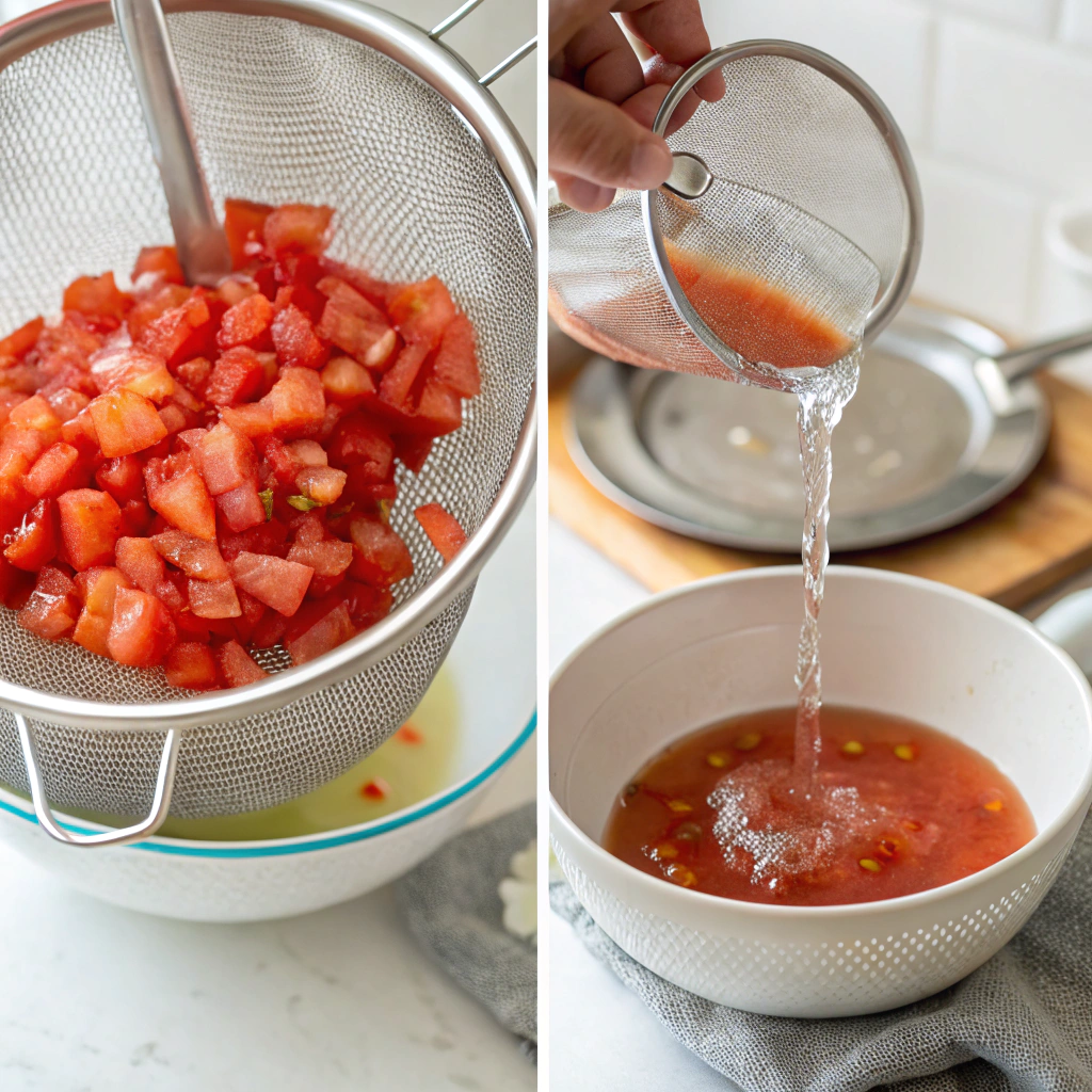 Draining fresh tomatoes for homemade salsa recipe preparation