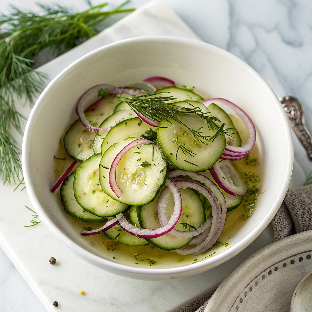 Fresh cucumber vinegar salad recipe in white bowl with herbs