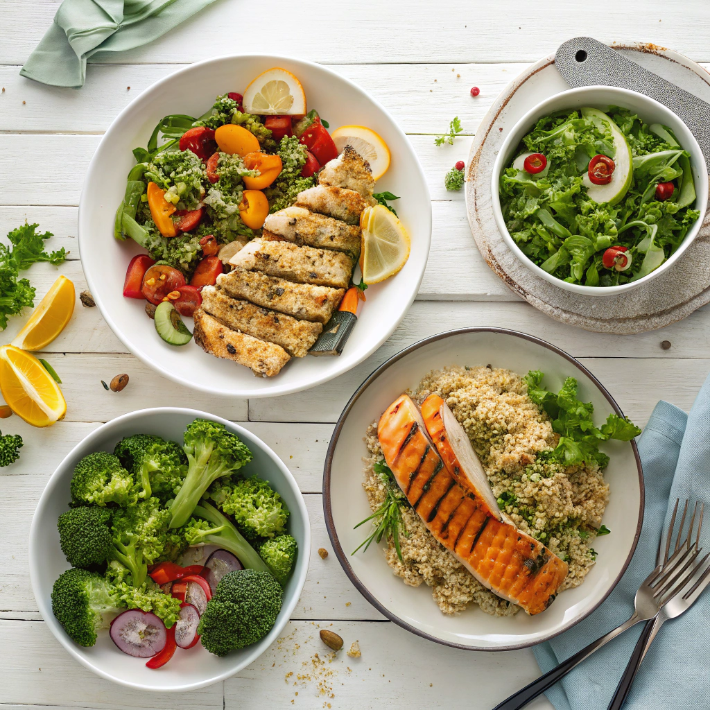 Healthy clean eating dinner ideas featuring grilled proteins and fresh vegetables