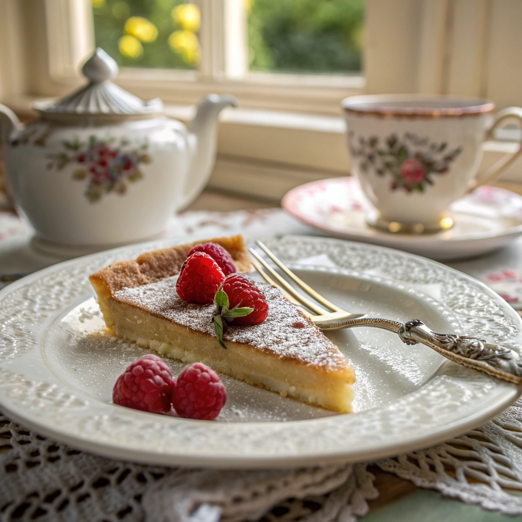 Elegant slice of traditional Bakewell tart served for British afternoon tea