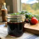 Homemade balsamic vinaigrette dressing in glass bottle with fresh ingredients