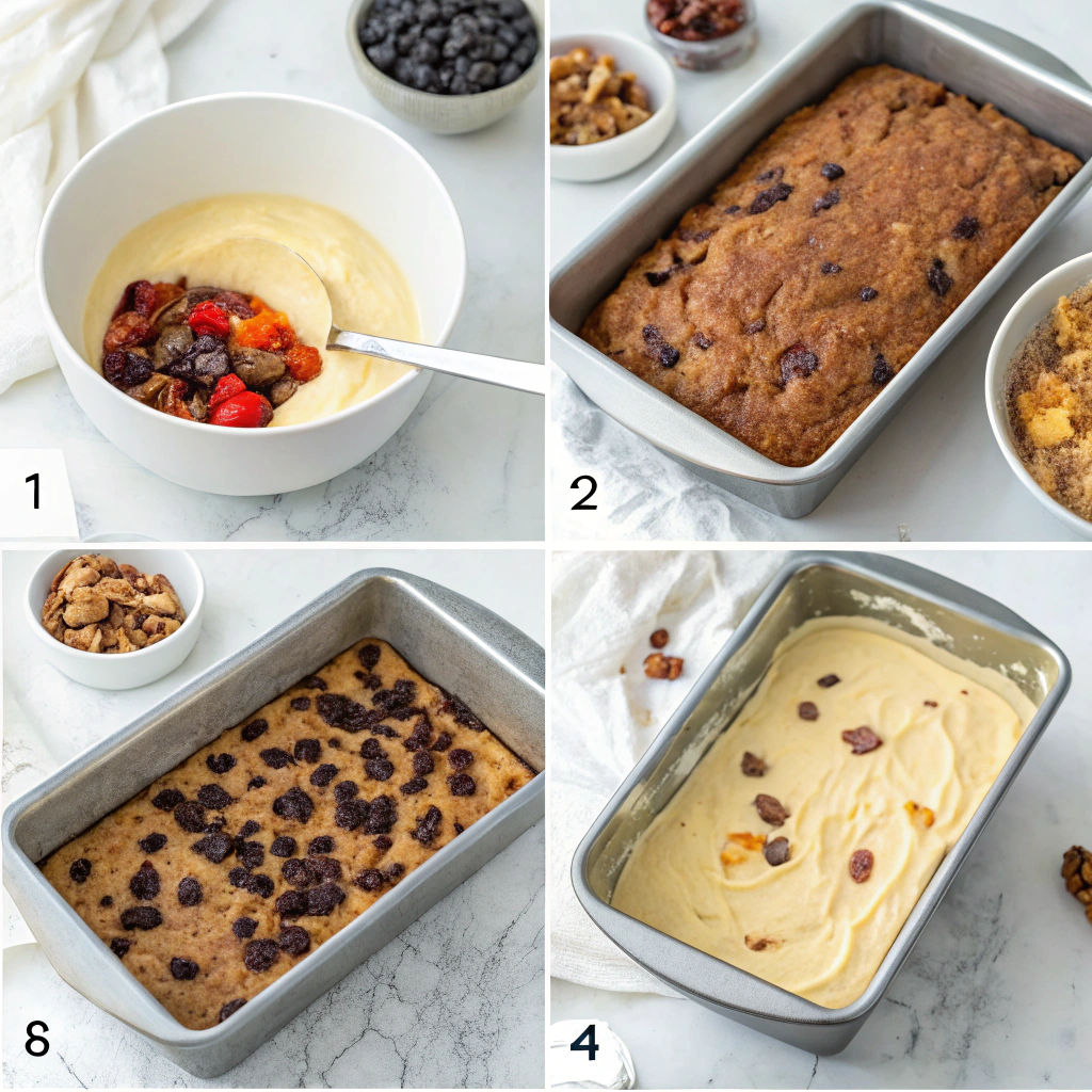 Fruit cake recipe preparation steps showing soaked fruit mixture and baking process