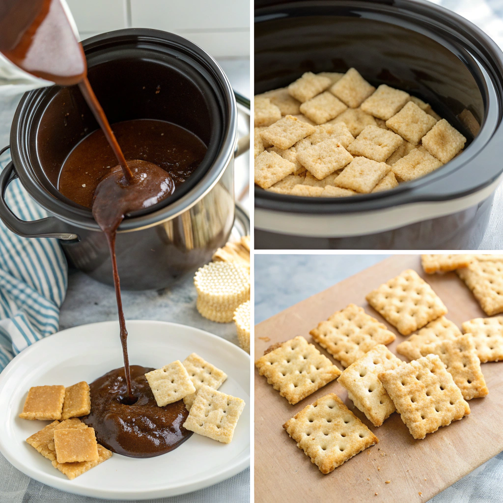 Crockpot candy making process steps with chocolate and crackers