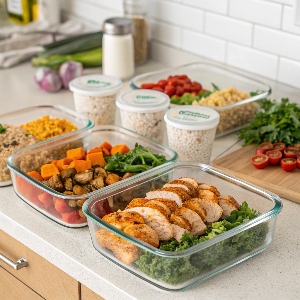 Clean eating dinner meal prep containers with healthy proteins and vegetables