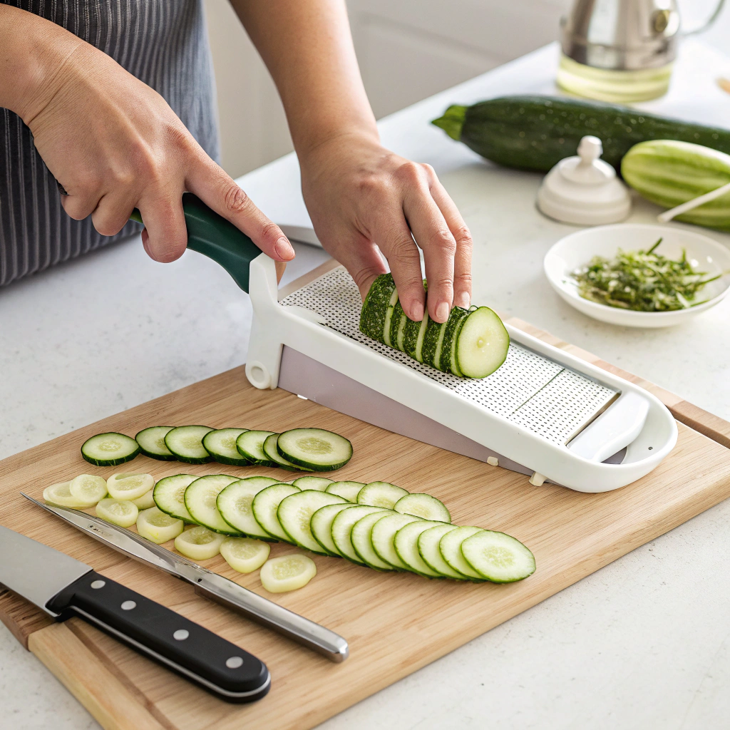 Slicing cucumbers for vinegar salad recipe preparation steps