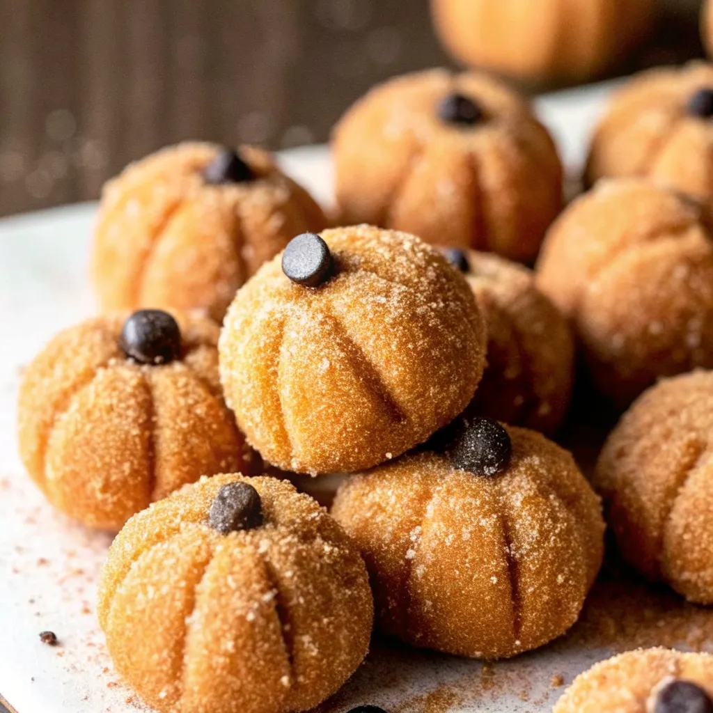 Close up of sugared almond flour pumpkin cookie dough bites