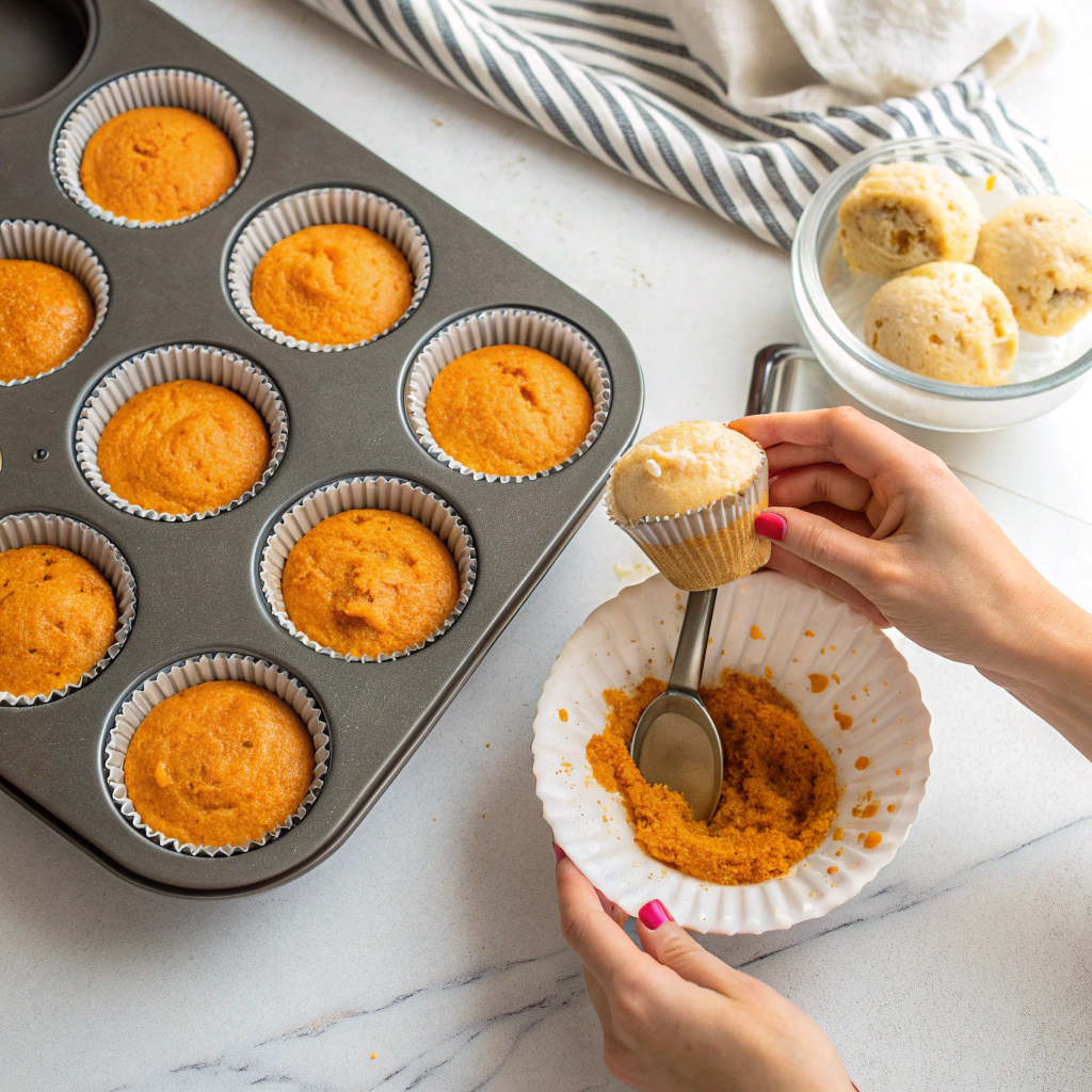 Spooning pumpkin muffin batter into lined muffin cups