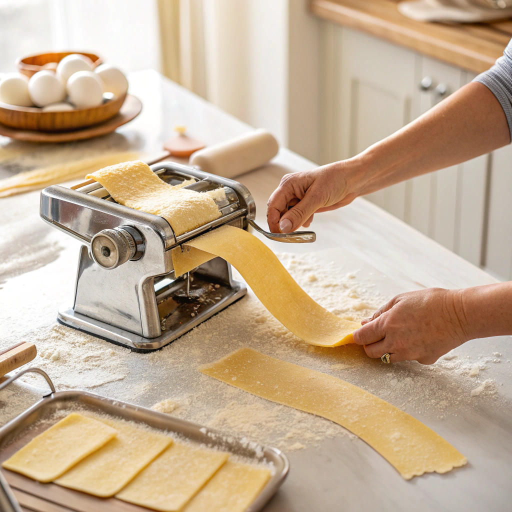 Rolling homemade pasta dough through pasta machine for pumpkin ravioli